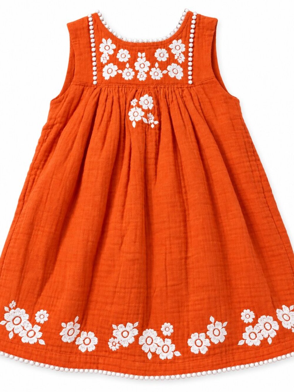Baby Boden Orange Embroidered Floral Gauze Dress Pom Pom 2-3Y